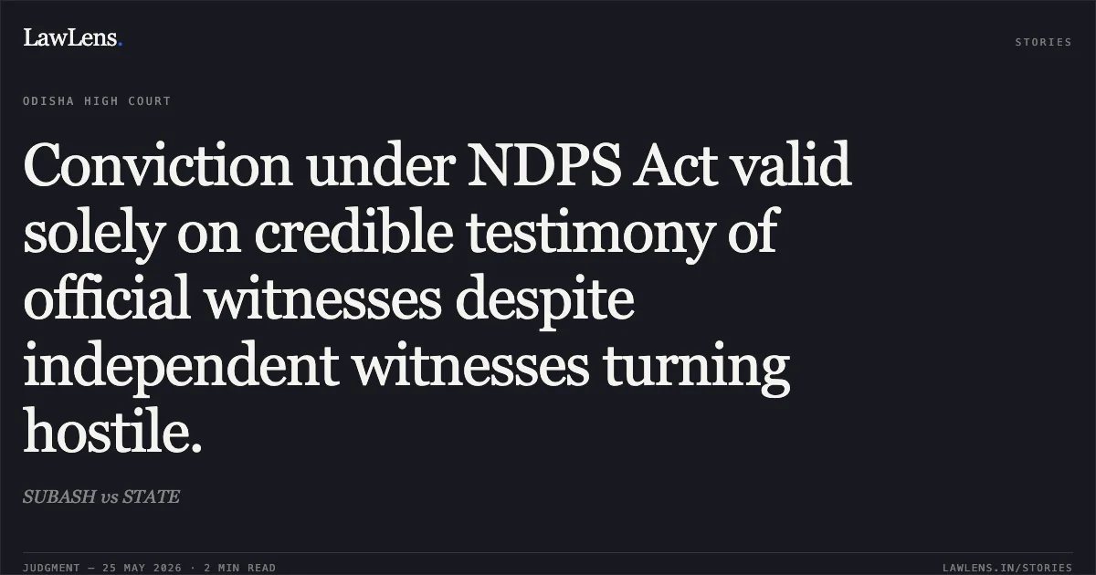 Conviction under NDPS Act valid solely on credible testimony of official witnesses despite independent witnesses turning hostile.. SUBASH vs STATE. Odisha High Court. LawLens