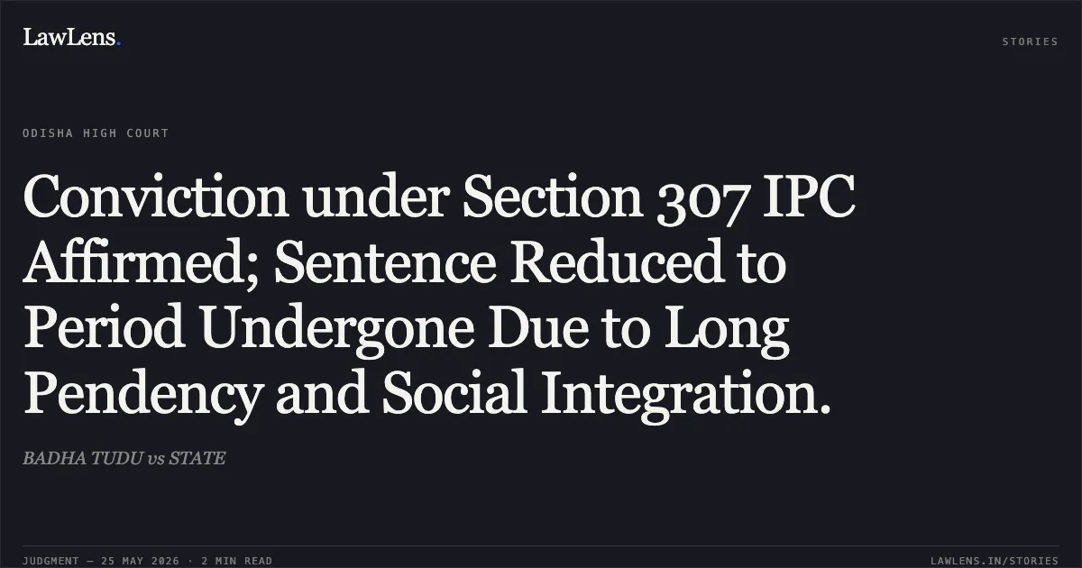 Conviction under Section 307 IPC Affirmed; Sentence Reduced to Period Undergone Due to Long Pendency and Social Integration.. BADHA TUDU vs STATE. Odisha High Court. LawLens