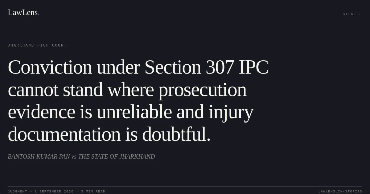 Conviction under Section 307 IPC cannot stand where prosecution evidence is unreliable and injury documentation is doubtful.. BANTOSH KUMAR PAN vs THE STATE OF JHARKHAND. Jharkhand High Court. LawLens