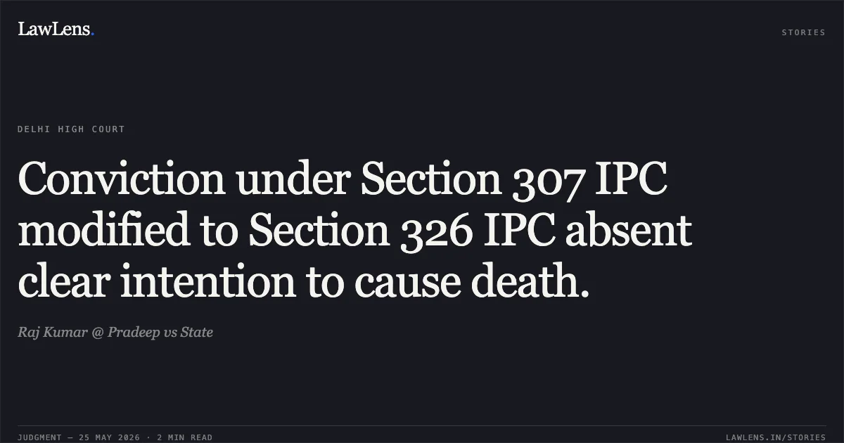 Conviction under Section 307 IPC modified to Section 326 IPC absent clear intention to cause death.. Raj Kumar @ Pradeep vs State. Delhi High Court. LawLens