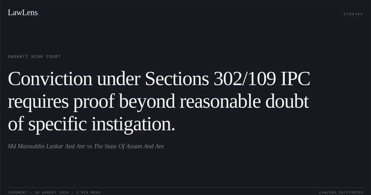 Conviction under Sections 302/109 IPC requires proof beyond reasonable doubt of specific instigation.. Md Mainuddin Laskar And Anr vs The State Of Assam And Anr. Gauhati High Court. LawLens
