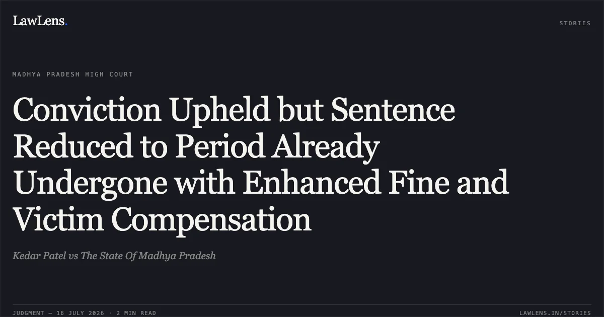 Conviction Upheld but Sentence Reduced to Period Already Undergone with Enhanced Fine and Victim Compensation. Kedar Patel vs The State Of Madhya Pradesh. Madhya Pradesh High Court. LawLens