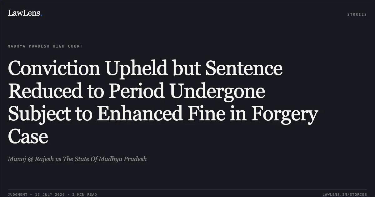 Conviction Upheld but Sentence Reduced to Period Undergone Subject to Enhanced Fine in Forgery Case. Manoj @ Rajesh vs The State Of Madhya Pradesh. Madhya Pradesh High Court. LawLens