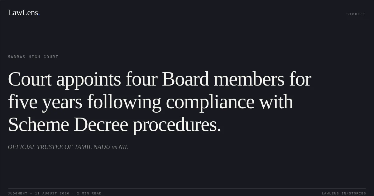 Court appoints four Board members for five years following compliance with Scheme Decree procedures.. OFFICIAL TRUSTEE OF TAMIL NADU vs NIL. Madras High Court. LawLens