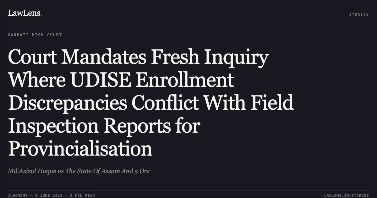 Court Mandates Fresh Inquiry Where UDISE Enrollment Discrepancies Conflict With Field Inspection Reports for Provincialisation. Md.Azizul Hoque vs The State Of Assam And 5 Ors. Gauhati High Court. LawLens