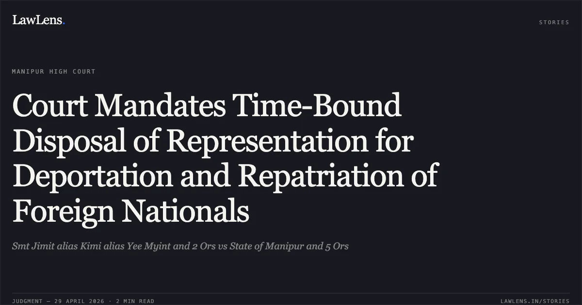 Court Mandates Time-Bound Disposal of Representation for Deportation and Repatriation of Foreign Nationals. Smt Jimit alias Kimi alias Yee Myint and 2 Ors vs State of Manipur and 5 Ors. Manipur High Court. LawLens