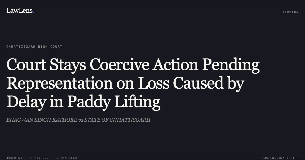 Court Stays Coercive Action Pending Representation on Loss Caused by Delay in Paddy Lifting. BHAGWAN SINGH RATHORE vs STATE OF CHHATTISGARH. Chhattisgarh High Court. LawLens