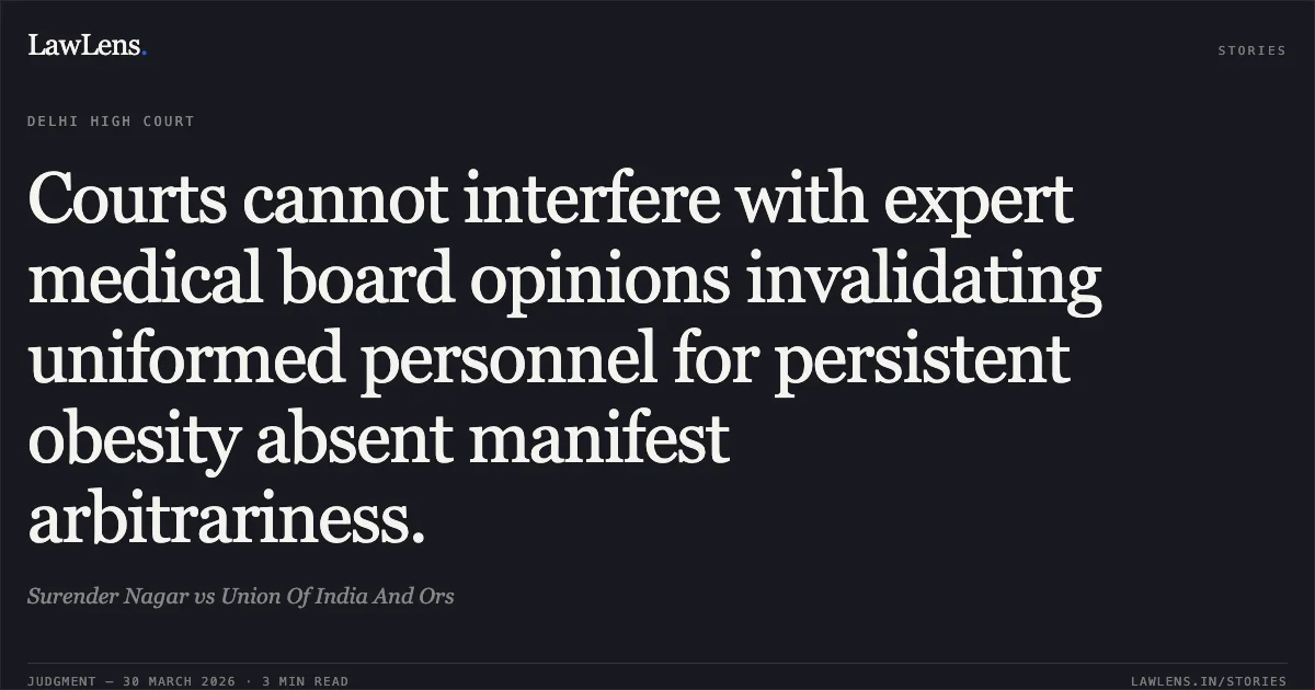 Courts cannot interfere with expert medical board opinions invalidating uniformed personnel for persistent obesity absent manifest arbitrariness.. Surender Nagar vs Union Of India And Ors. Delhi High Court. LawLens
