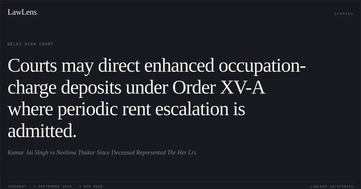 Courts may direct enhanced occupation-charge deposits under Order XV-A where periodic rent escalation is admitted.. Kumar Jai Singh vs Neelima Thakur Since Deceased Represented Thr Her Lrs. Delhi High Court. LawLens