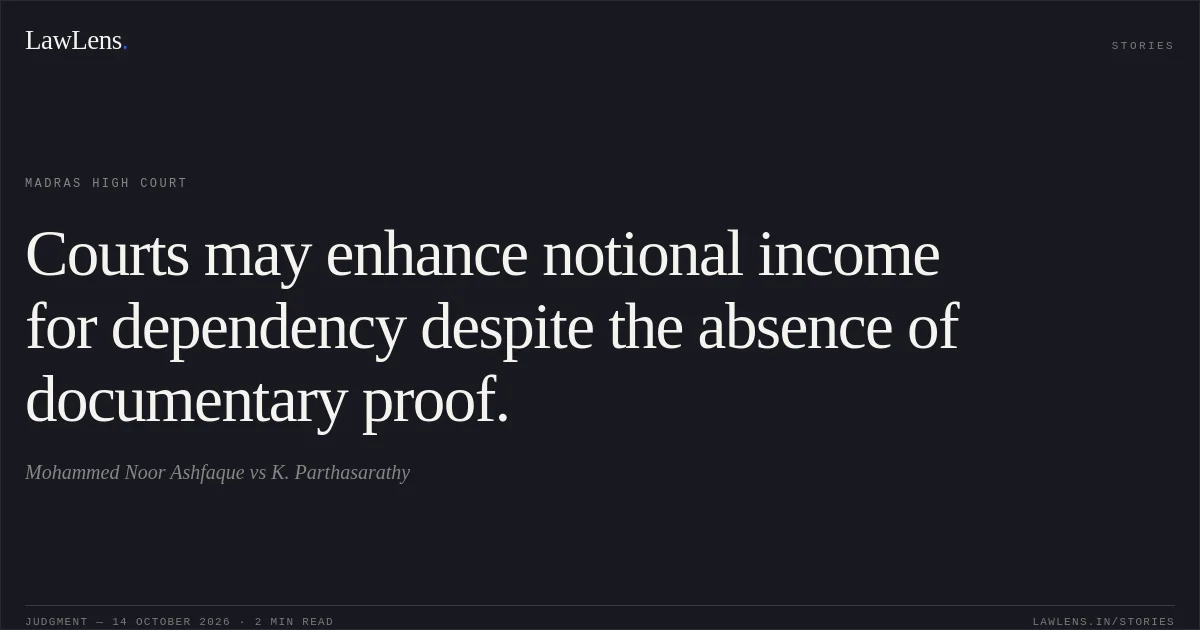 Courts may enhance notional income for dependency despite the absence of documentary proof.. Mohammed Noor Ashfaque vs K. Parthasarathy. Madras High Court. LawLens
