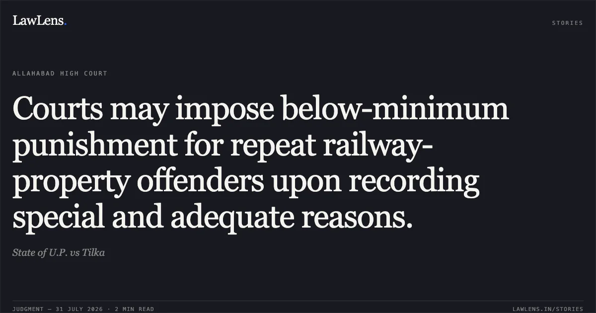 Courts may impose below-minimum punishment for repeat railway-property offenders upon recording special and adequate reasons.. State of U.P. vs Tilka. Allahabad High Court. LawLens