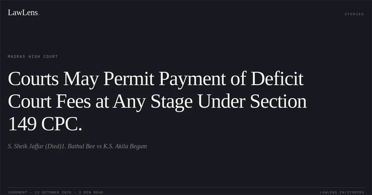 Courts May Permit Payment of Deficit Court Fees at Any Stage Under Section 149 CPC.. S. Sheik Jaffar (Died)1. Bathul Bee vs K.S. Akila Begum. Madras High Court. LawLens