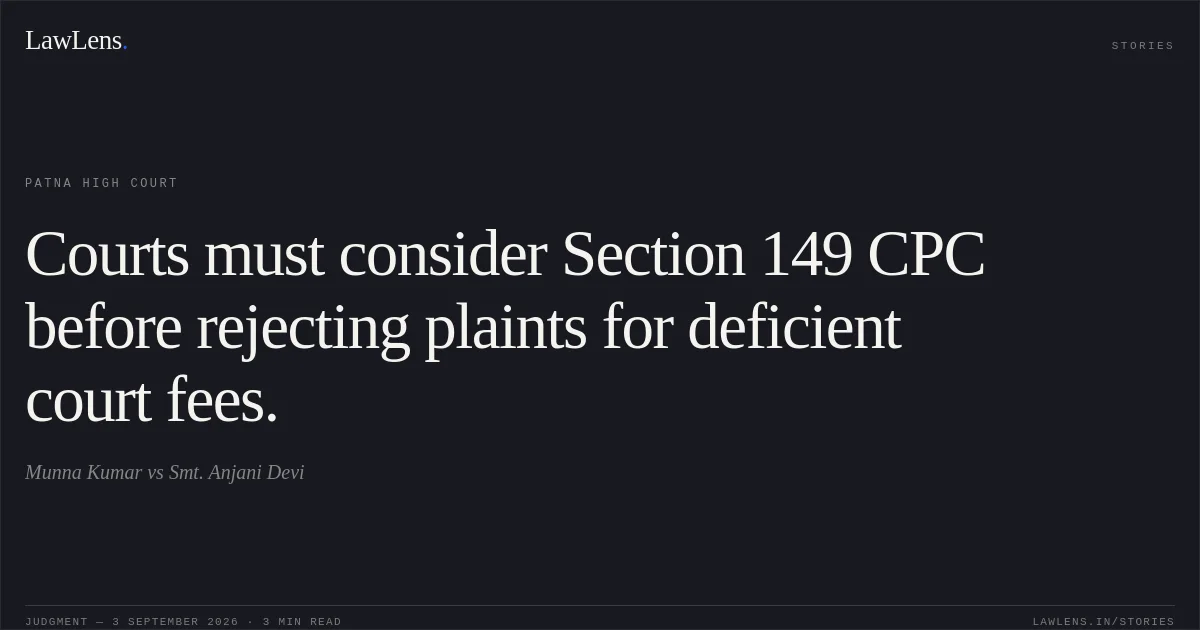 Courts must consider Section 149 CPC before rejecting plaints for deficient court fees.. Munna Kumar vs Smt. Anjani Devi. Patna High Court. LawLens