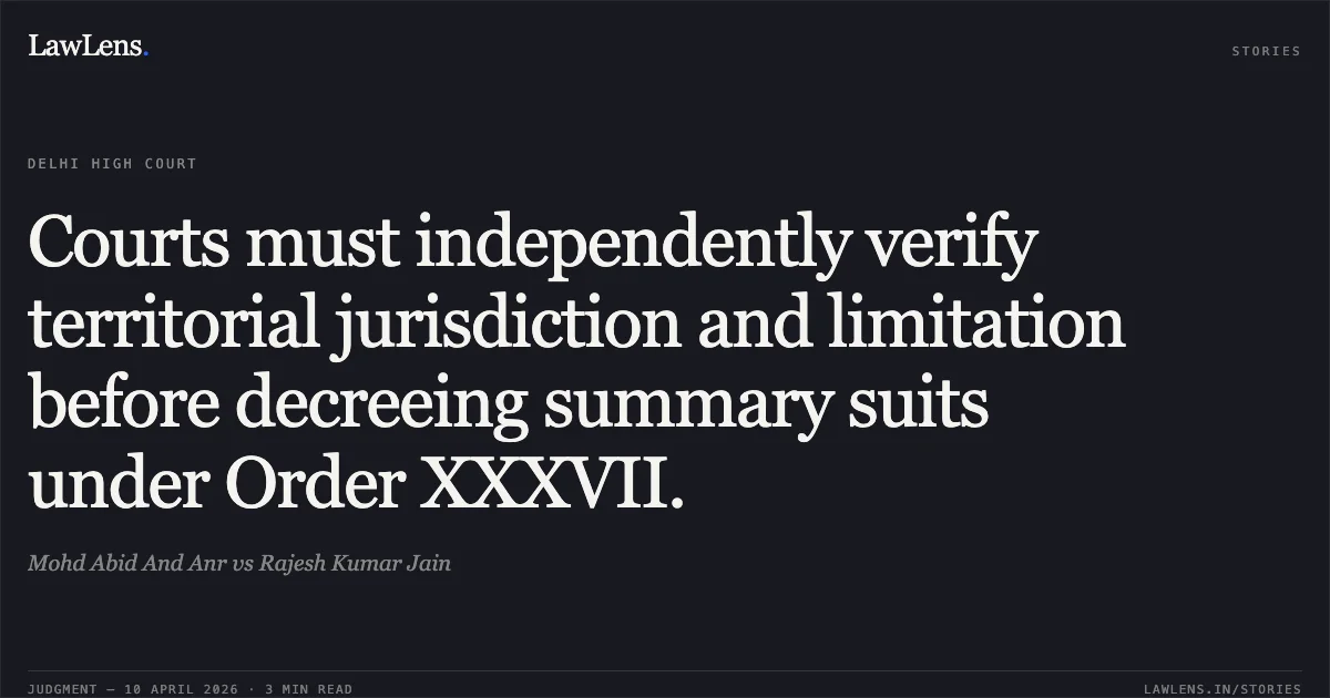 Courts must independently verify territorial jurisdiction and limitation before decreeing summary suits under Order XXXVII.. Mohd Abid And Anr vs Rajesh Kumar Jain. Delhi High Court. LawLens