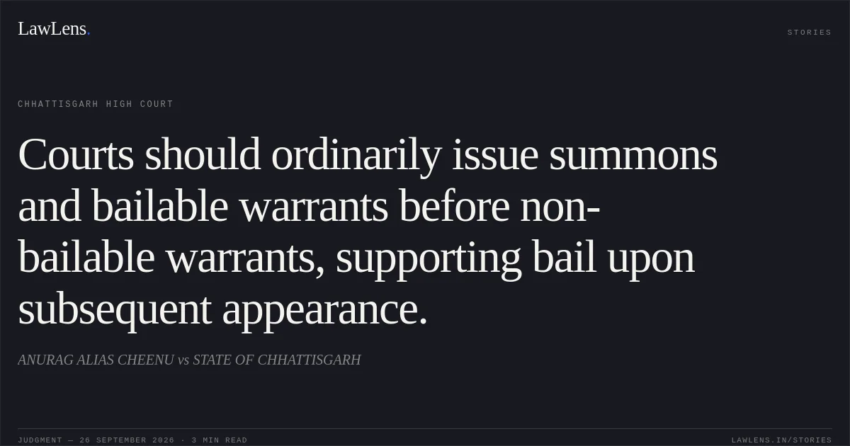 Courts should ordinarily issue summons and bailable warrants before non-bailable warrants, supporting bail upon subsequent appearance.. ANURAG ALIAS CHEENU vs STATE OF CHHATTISGARH. Chhattisgarh High Court. LawLens
