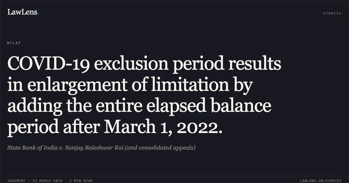 COVID-19 exclusion period results in enlargement of limitation by adding the entire elapsed balance period after March 1, 2022.. State Bank of India v. Sanjay Baleshwar Rai (and consolidated appeals). National Company Law Appellate Tribunal. LawLens