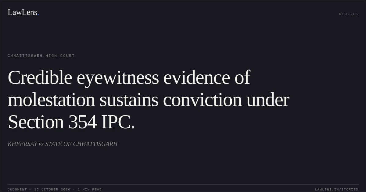 Credible eyewitness evidence of molestation sustains conviction under Section 354 IPC.. KHEERSAY vs STATE OF CHHATTISGARH. Chhattisgarh High Court. LawLens