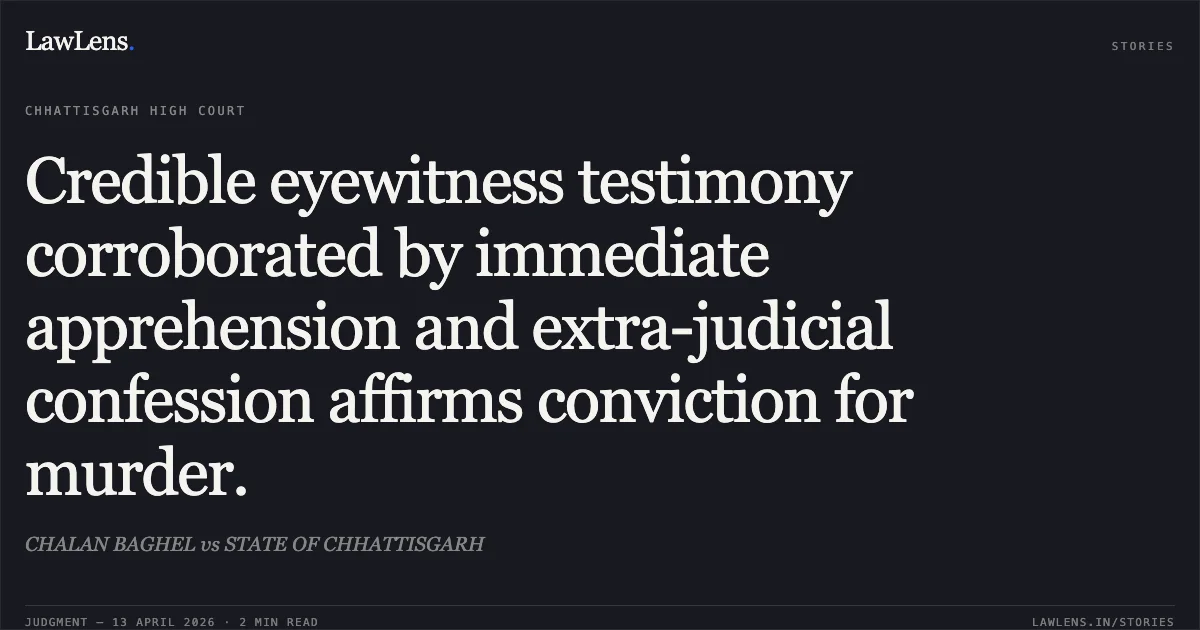 Credible eyewitness testimony corroborated by immediate apprehension and extra-judicial confession affirms conviction for murder.. CHALAN BAGHEL vs STATE OF CHHATTISGARH. Chhattisgarh High Court. LawLens