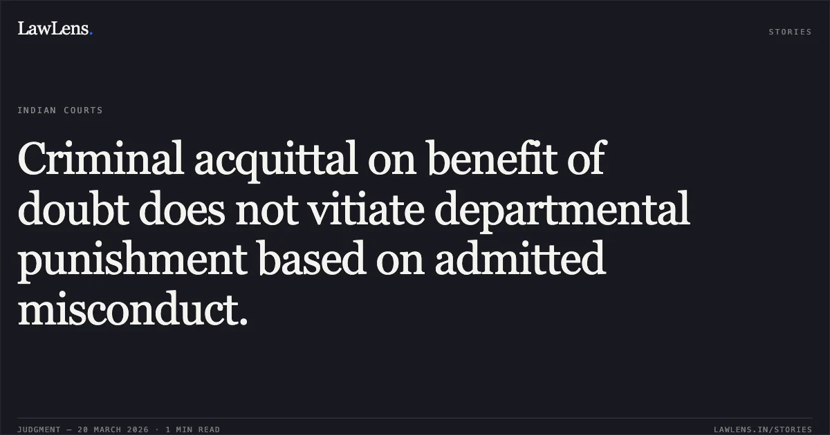Criminal acquittal on benefit of doubt does not vitiate departmental punishment based on admitted misconduct.. B SATAYANARAYAN vs SOUTH EAST CENTRAL RAILWAY. Central Administrative Tribunal. LawLens