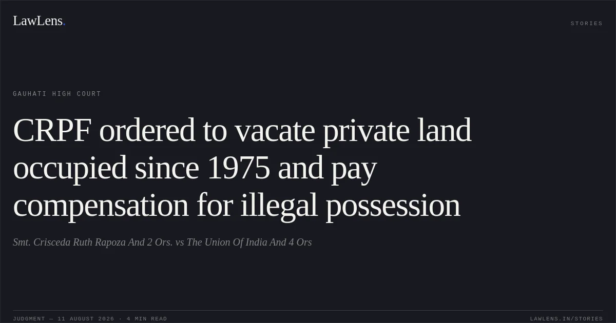 CRPF ordered to vacate private land occupied since 1975 and pay compensation for illegal possession. Smt. Crisceda Ruth Rapoza And 2 Ors. vs The Union Of India And 4 Ors. Gauhati High Court. LawLens