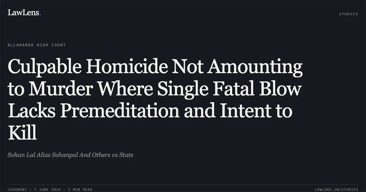 Culpable Homicide Not Amounting to Murder Where Single Fatal Blow Lacks Premeditation and Intent to Kill. Sohan Lal Alias Sohanpal And Others vs State. Allahabad High Court. LawLens