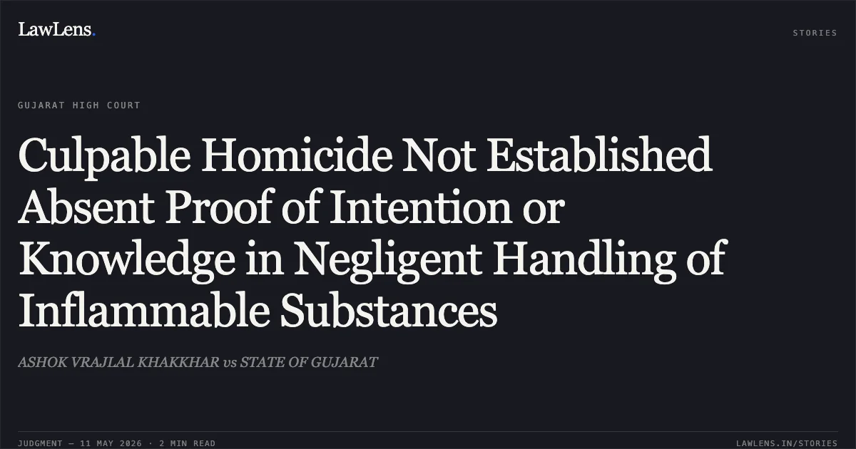 Culpable Homicide Not Established Absent Proof of Intention or Knowledge in Negligent Handling of Inflammable Substances. ASHOK VRAJLAL KHAKKHAR vs STATE OF GUJARAT. Gujarat High Court. LawLens