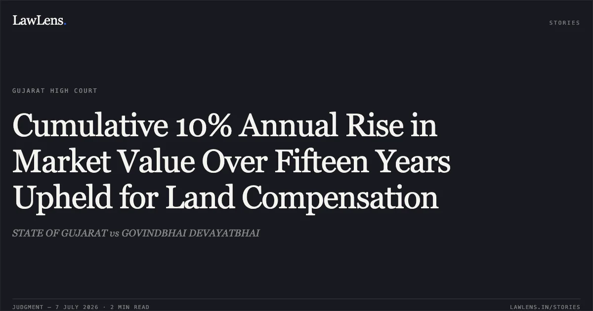 Cumulative 10% Annual Rise in Market Value Over Fifteen Years Upheld for Land Compensation. STATE OF GUJARAT vs GOVINDBHAI DEVAYATBHAI. Gujarat High Court. LawLens