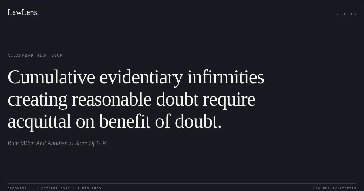Cumulative evidentiary infirmities creating reasonable doubt require acquittal on benefit of doubt.. Ram Milan And Another vs State Of U.P.. Allahabad High Court. LawLens