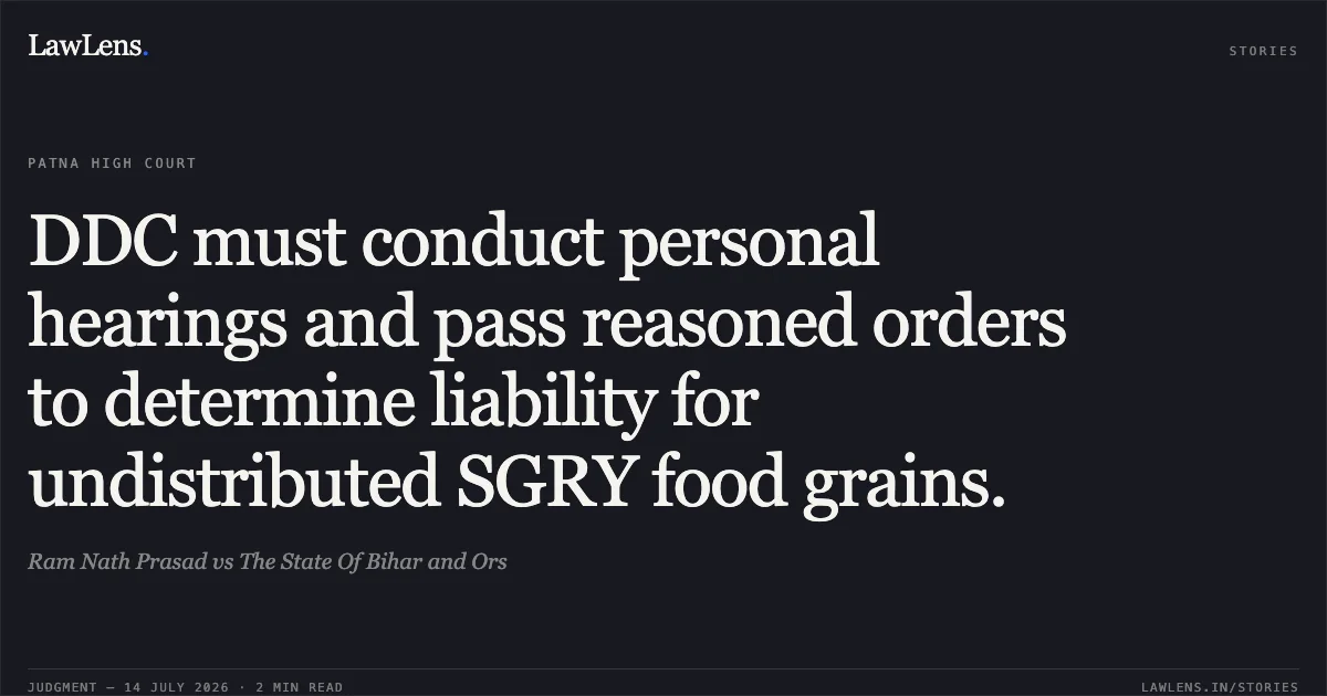 DDC must conduct personal hearings and pass reasoned orders to determine liability for undistributed SGRY food grains.. Ram Nath Prasad vs The State Of Bihar and Ors. Patna High Court. LawLens