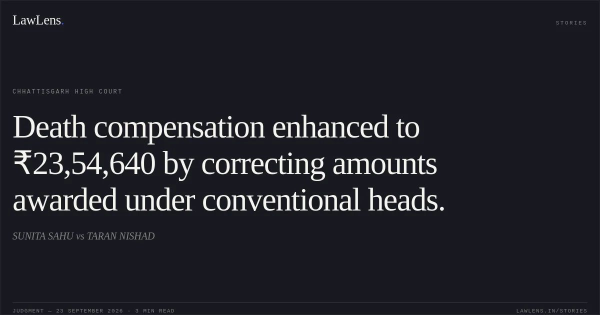 Death compensation enhanced to ₹23,54,640 by correcting amounts awarded under conventional heads.. SUNITA SAHU vs TARAN NISHAD. Chhattisgarh High Court. LawLens