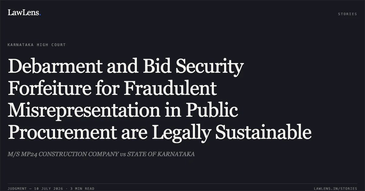 Debarment and Bid Security Forfeiture for Fraudulent Misrepresentation in Public Procurement are Legally Sustainable. M/S MP24 CONSTRUCTION COMPANY vs STATE OF KARNATAKA. Karnataka High Court. LawLens