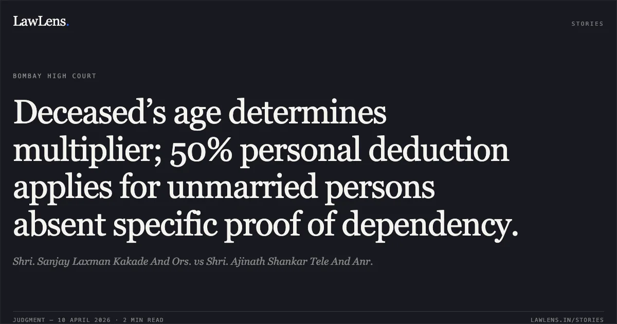 Deceased’s age determines multiplier; 50% personal deduction applies for unmarried persons absent specific proof of dependency.. Shri. Sanjay Laxman Kakade And Ors. vs Shri. Ajinath Shankar Tele And Anr.. Bombay High Court. LawLens
