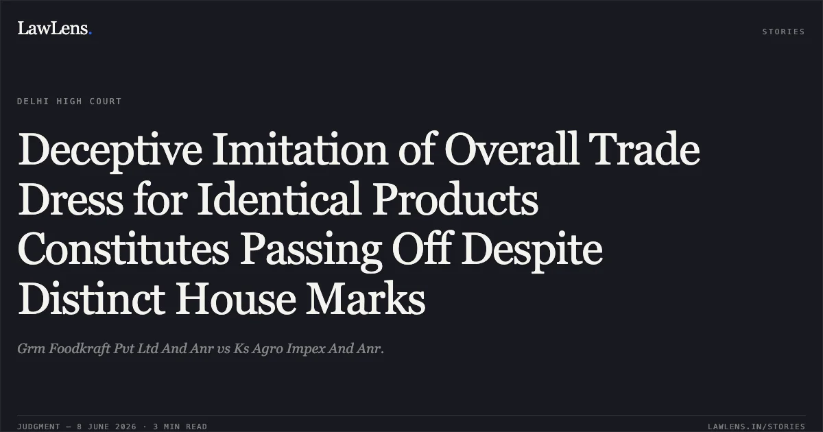 Deceptive Imitation of Overall Trade Dress for Identical Products Constitutes Passing Off Despite Distinct House Marks. Grm Foodkraft Pvt Ltd And Anr vs Ks Agro Impex And Anr.. Delhi High Court. LawLens