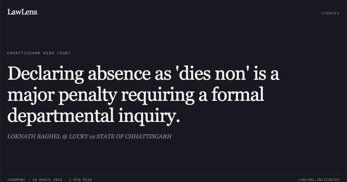 Declaring absence as 'dies non' is a major penalty requiring a formal departmental inquiry.. LOKNATH BAGHEL @ LUCKY vs STATE OF CHHATTISGARH. Chhattisgarh High Court. LawLens