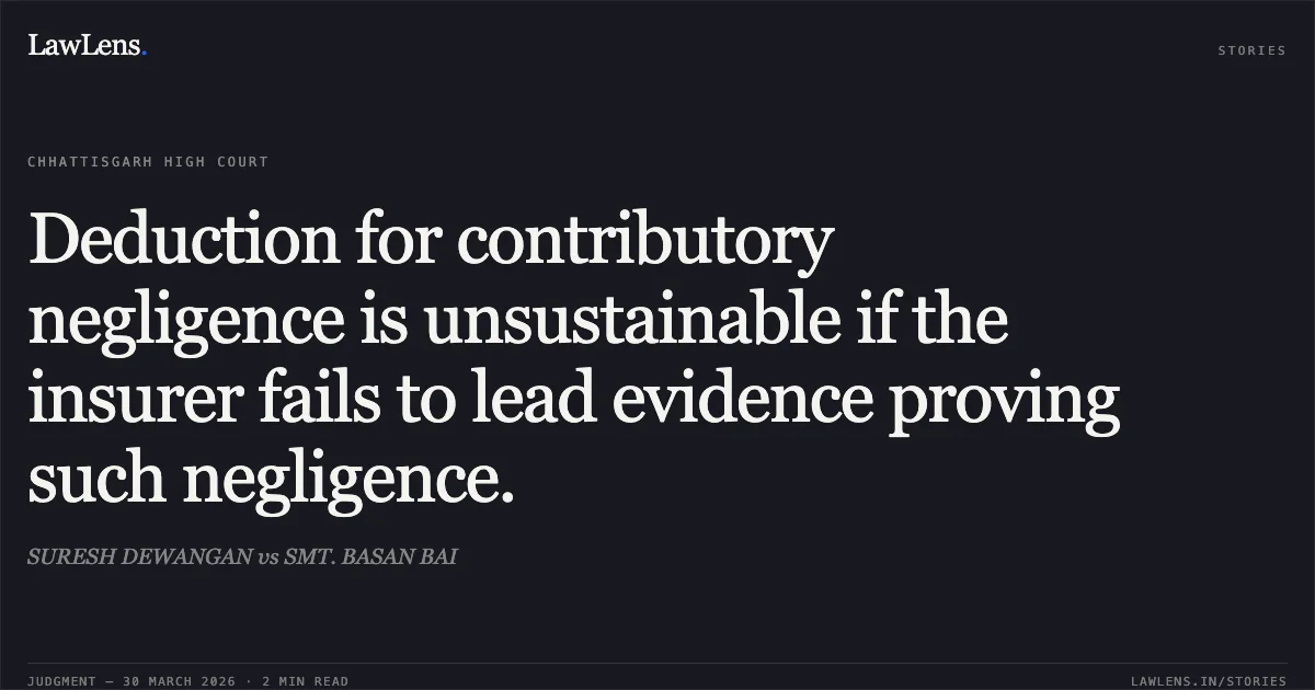 Deduction for contributory negligence is unsustainable if the insurer fails to lead evidence proving such negligence.. SURESH DEWANGAN vs SMT. BASAN BAI. Chhattisgarh High Court. LawLens