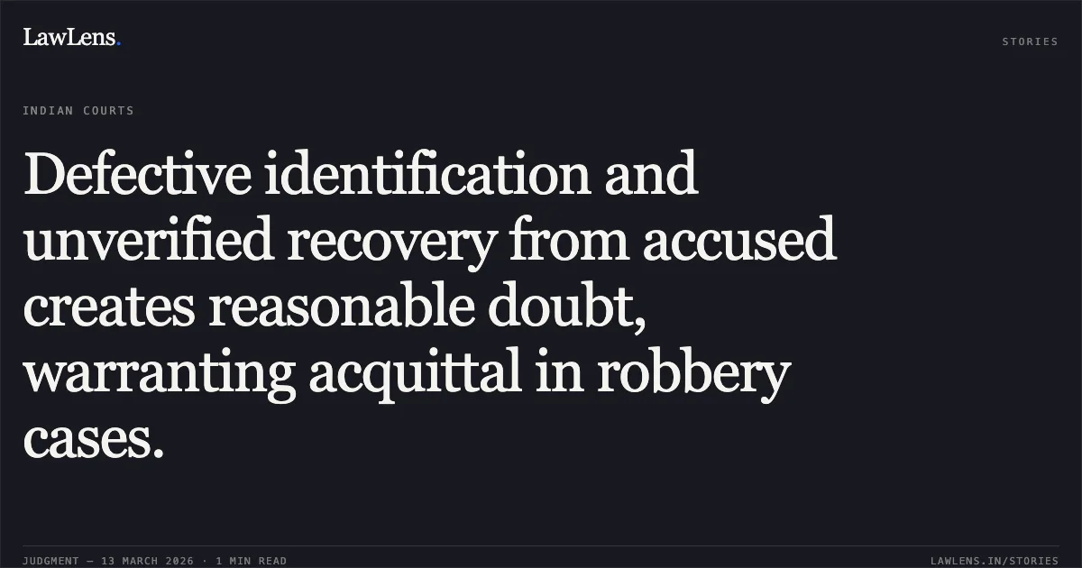 Defective identification and unverified recovery from accused creates reasonable doubt, warranting acquittal in robbery cases.. Saurabh alias Samay Dhruve & Others v. State of Chhattisgarh. Chhattisgarh High Court. LawLens