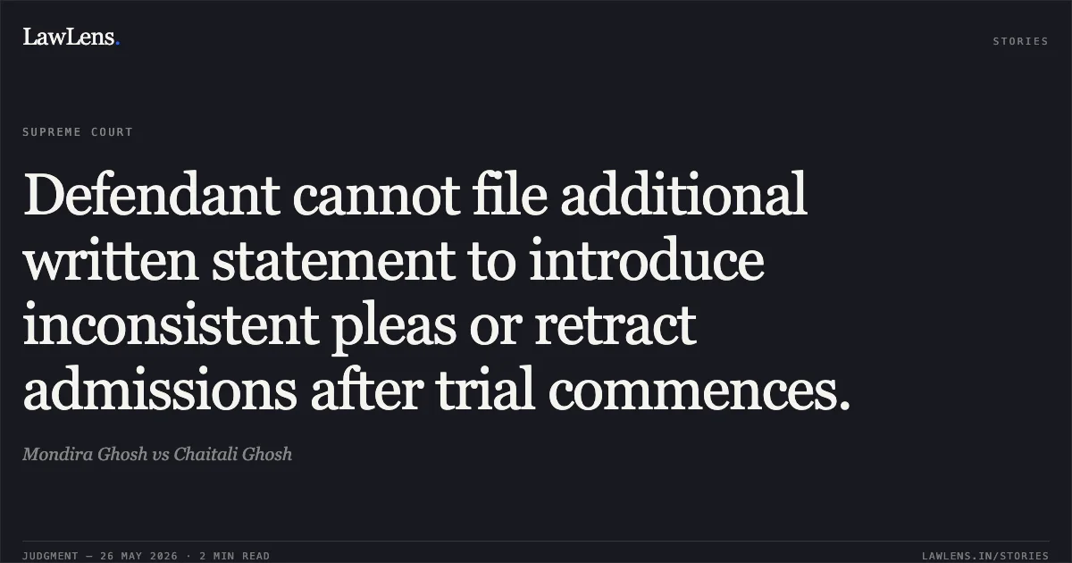 Defendant cannot file additional written statement to introduce inconsistent pleas or retract admissions after trial commences.. Mondira Ghosh vs Chaitali Ghosh. Supreme Court. LawLens