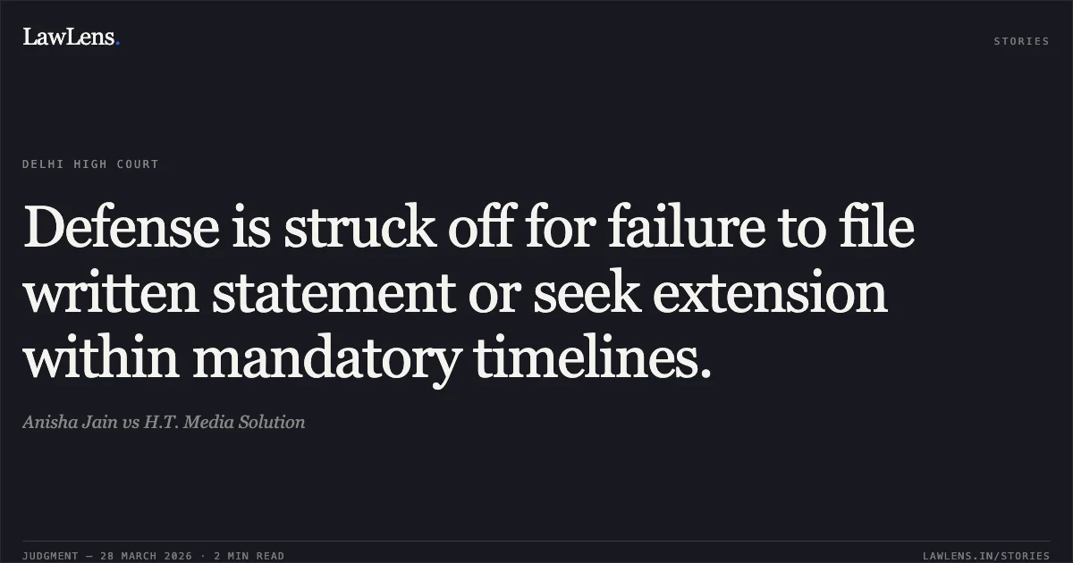 Defense is struck off for failure to file written statement or seek extension within mandatory timelines.. Anisha Jain vs H.T. Media Solution. Delhi High Court. LawLens