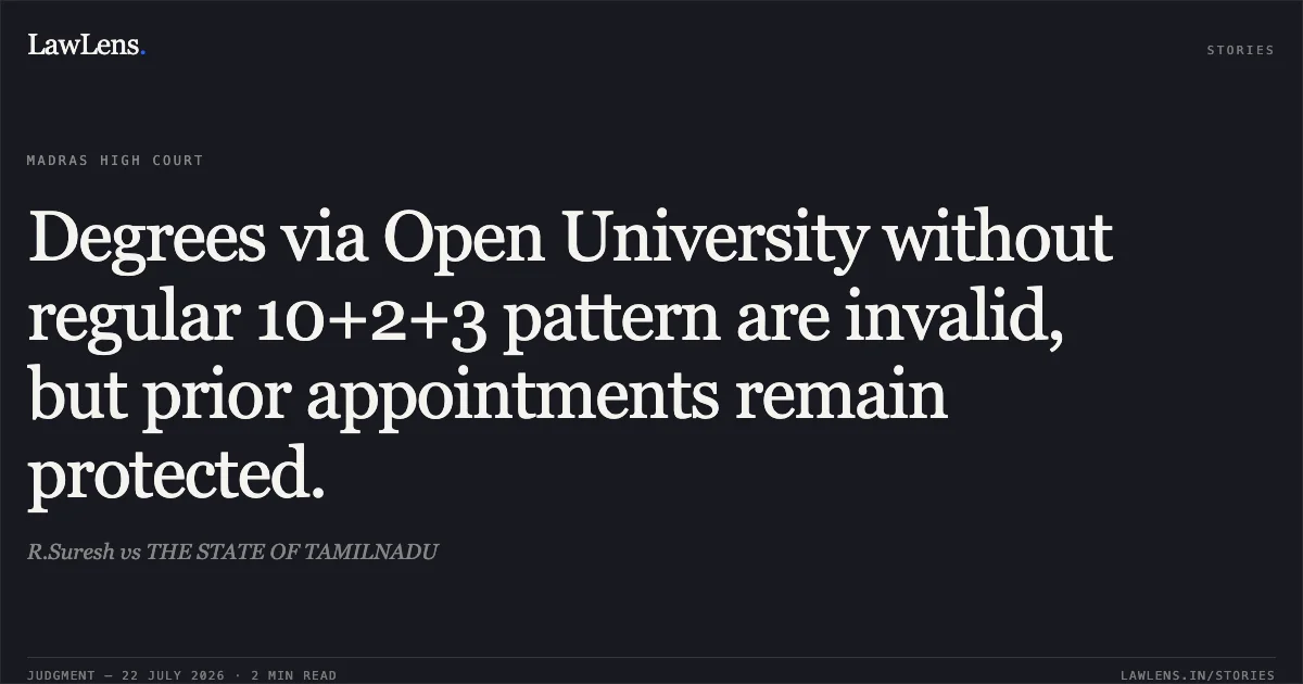 Degrees via Open University without regular 10+2+3 pattern are invalid, but prior appointments remain protected.. R.Suresh vs THE STATE OF TAMILNADU. Madras High Court. LawLens