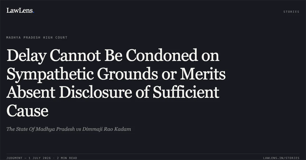 Delay Cannot Be Condoned on Sympathetic Grounds or Merits Absent Disclosure of Sufficient Cause. The State Of Madhya Pradesh vs Dimmaji Rao Kadam. Madhya Pradesh High Court. LawLens