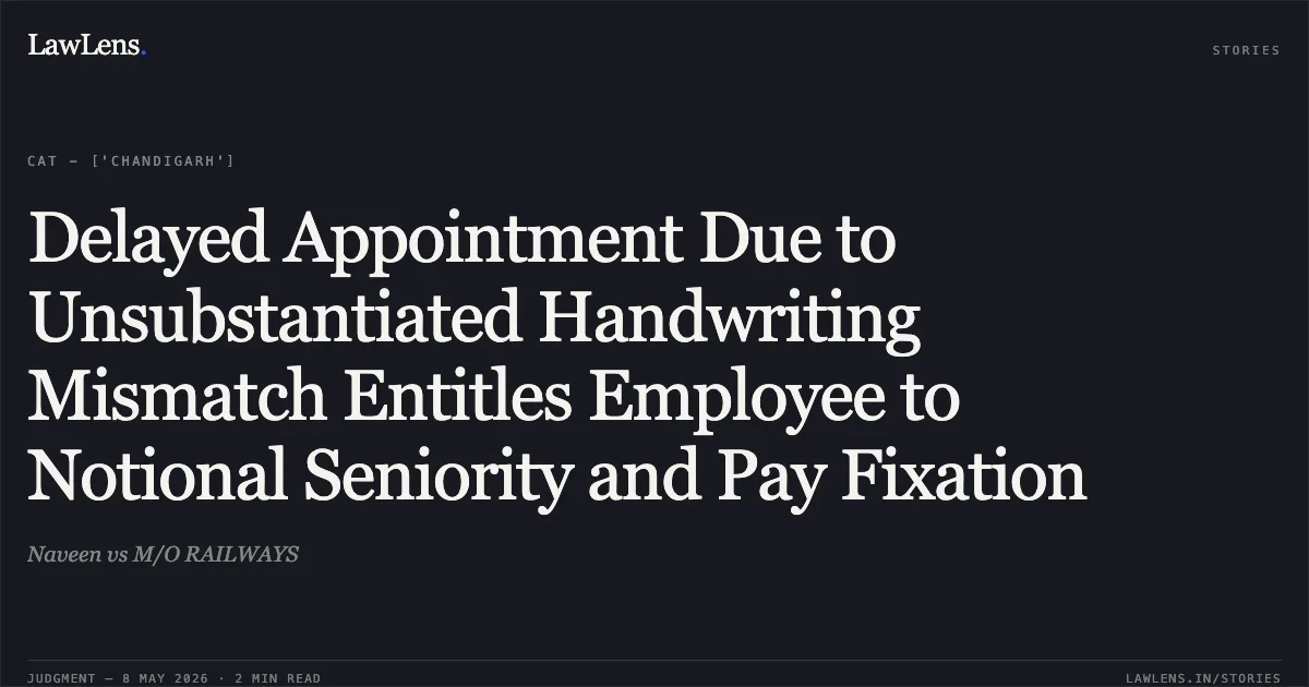 Delayed Appointment Due to Unsubstantiated Handwriting Mismatch Entitles Employee to Notional Seniority and Pay Fixation. Naveen vs M/O RAILWAYS. Central Administrative Tribunal. LawLens