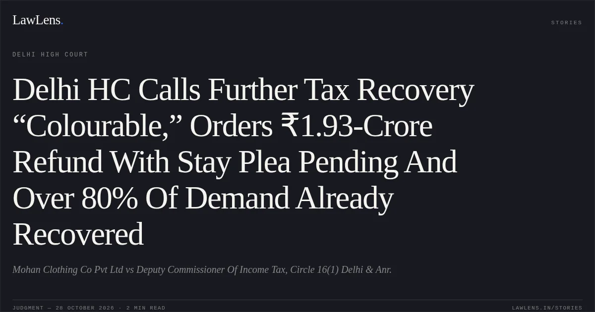 Delhi HC Calls Further Tax Recovery “Colourable,” Orders ₹1.93-Crore Refund With Stay Plea Pending And Over 80% Of Demand Already Recovered. Mohan Clothing Co Pvt  Ltd vs Deputy Commissioner Of Income Tax, Circle 16(1)  Delhi & Anr.. Delhi High Court. LawLens