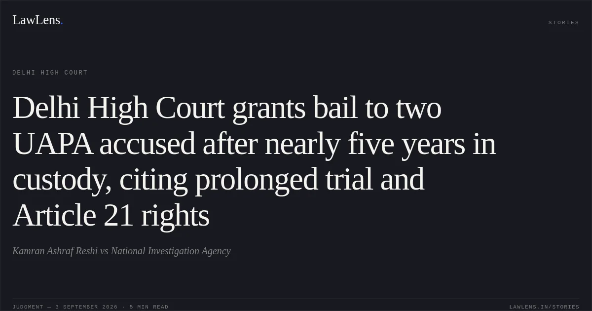Delhi High Court grants bail to two UAPA accused after nearly five years in custody, citing prolonged trial and Article 21 rights. Kamran Ashraf Reshi vs National Investigation Agency. Delhi High Court. LawLens