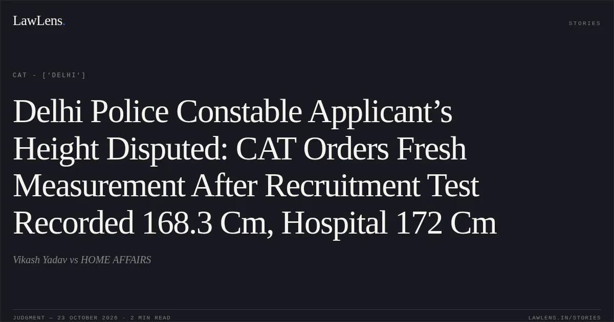 Delhi Police Constable Applicant’s Height Disputed: CAT Orders Fresh Measurement After Recruitment Test Recorded 168.3 Cm, Hospital 172 Cm. Vikash Yadav vs HOME AFFAIRS. CAT - ['Delhi']. LawLens