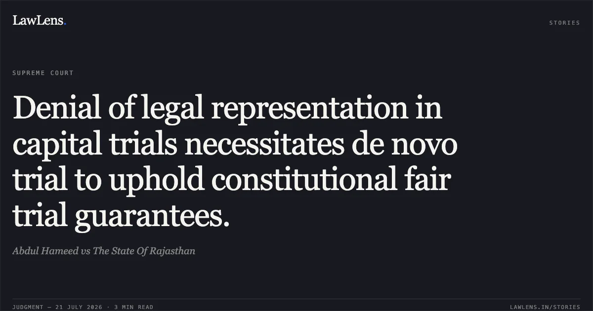 Denial of legal representation in capital trials necessitates de novo trial to uphold constitutional fair trial guarantees.. Abdul Hameed vs The State Of Rajasthan. Supreme Court. LawLens
