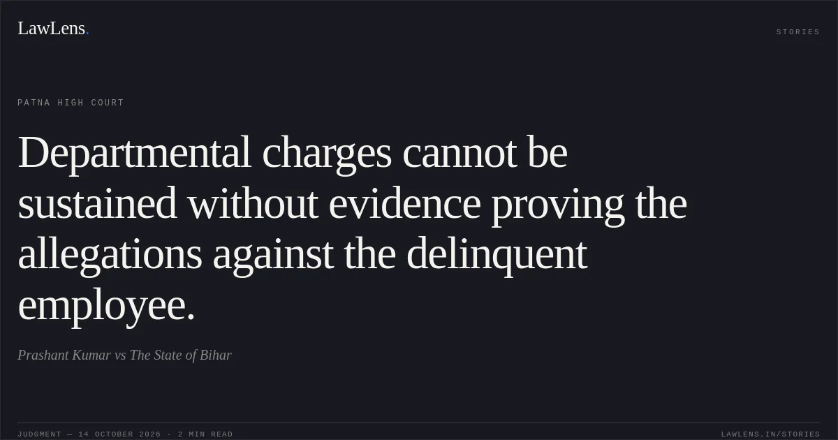 Departmental charges cannot be sustained without evidence proving the allegations against the delinquent employee.. Prashant Kumar vs The State of Bihar. Patna High Court. LawLens