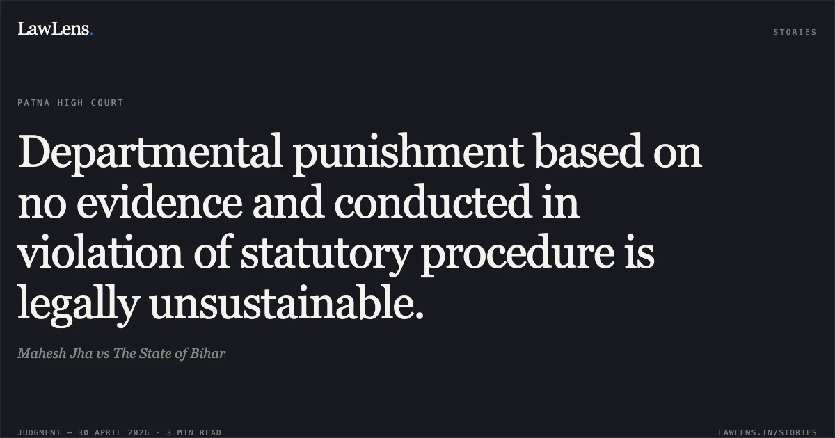 Departmental punishment based on no evidence and conducted in violation of statutory procedure is legally unsustainable.. Mahesh Jha vs The State of Bihar. Patna High Court. LawLens