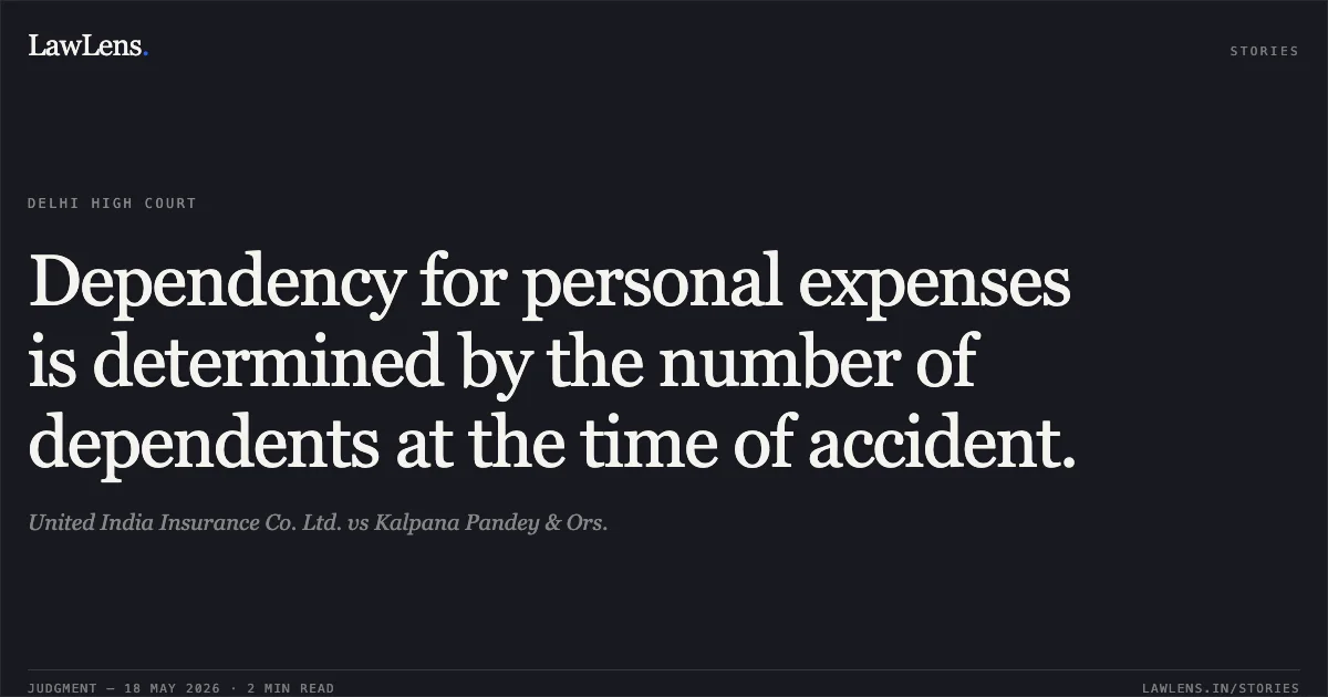 Dependency for personal expenses is determined by the number of dependents at the time of accident.. United India Insurance Co. Ltd. vs Kalpana Pandey & Ors.. Delhi High Court. LawLens