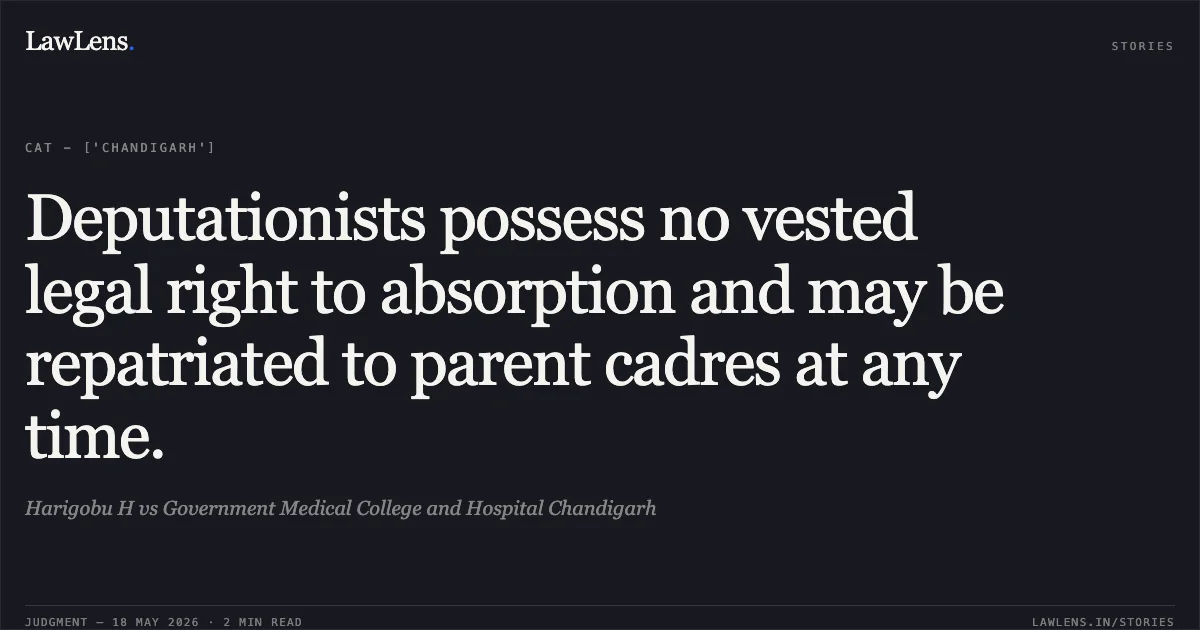 Deputationists possess no vested legal right to absorption and may be repatriated to parent cadres at any time.. Harigobu H vs Government Medical College and Hospital Chandigarh. Central Administrative Tribunal. LawLens