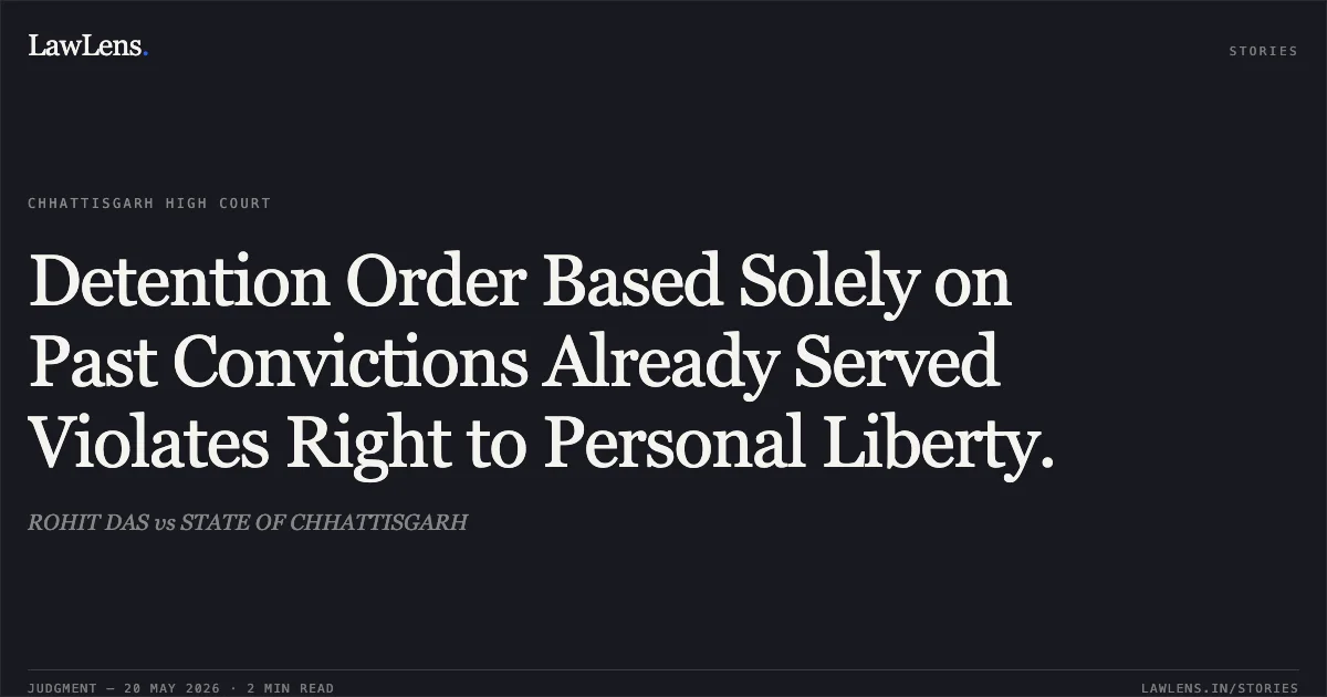 Detention Order Based Solely on Past Convictions Already Served Violates Right to Personal Liberty.. ROHIT DAS vs STATE OF CHHATTISGARH. Chhattisgarh High Court. LawLens